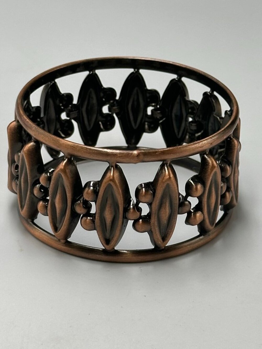 3/$30 Copper Tone Bracelet Wide Cuff Sturdy Geometric Cutout Statement 8.5"